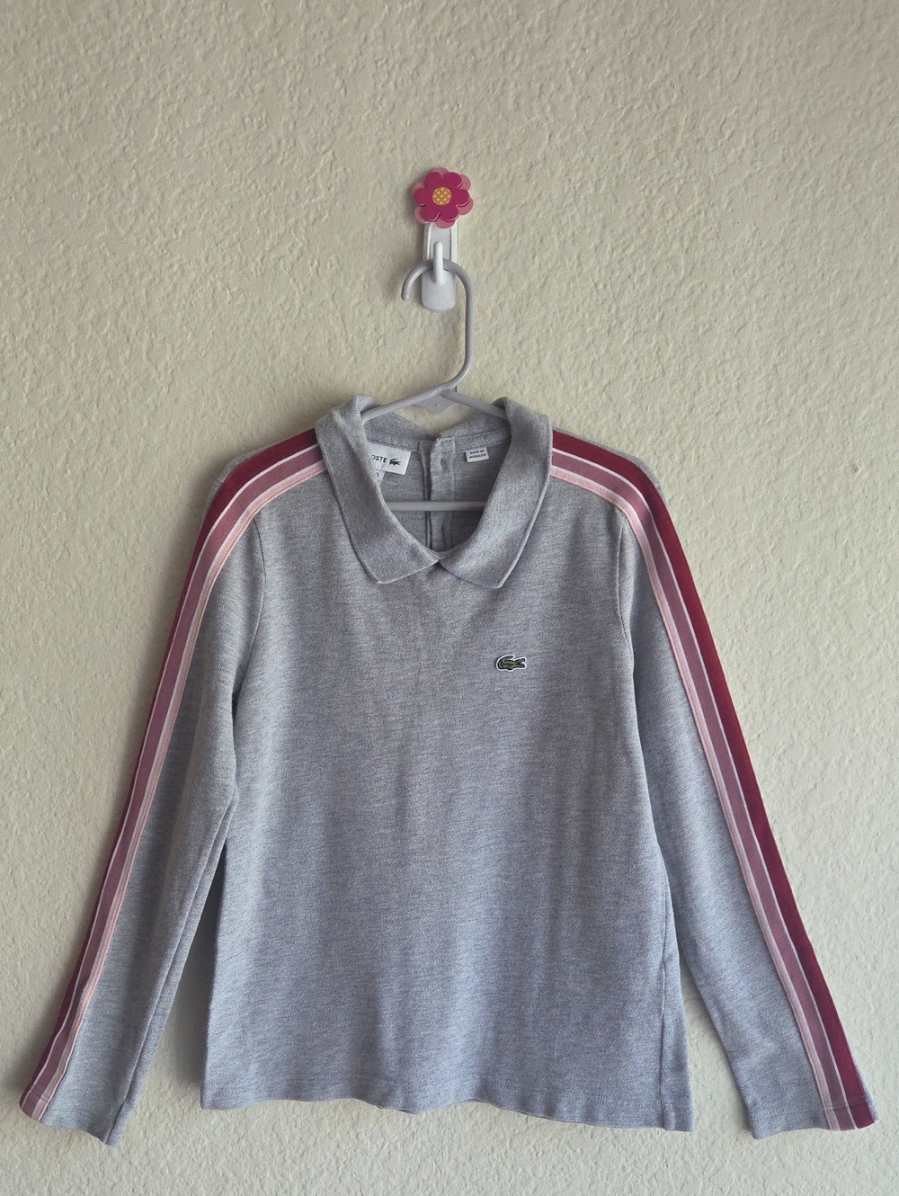 Lacoste Gray Long Sleeve Polo with Pink and Burgundy Shoulder Stripes